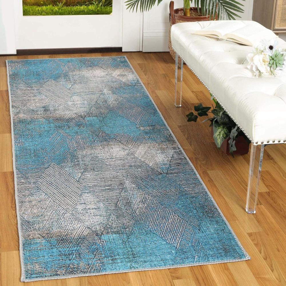 imageSuperior Large Indoor Runner Rug Modern Floor Decor LivingDining Room Kitchen Office Entry Distressed Floral Geometric Medallion Cotton Backing Huda Collection 2 6quot x 7 6quot CharcoalCerulean Blue