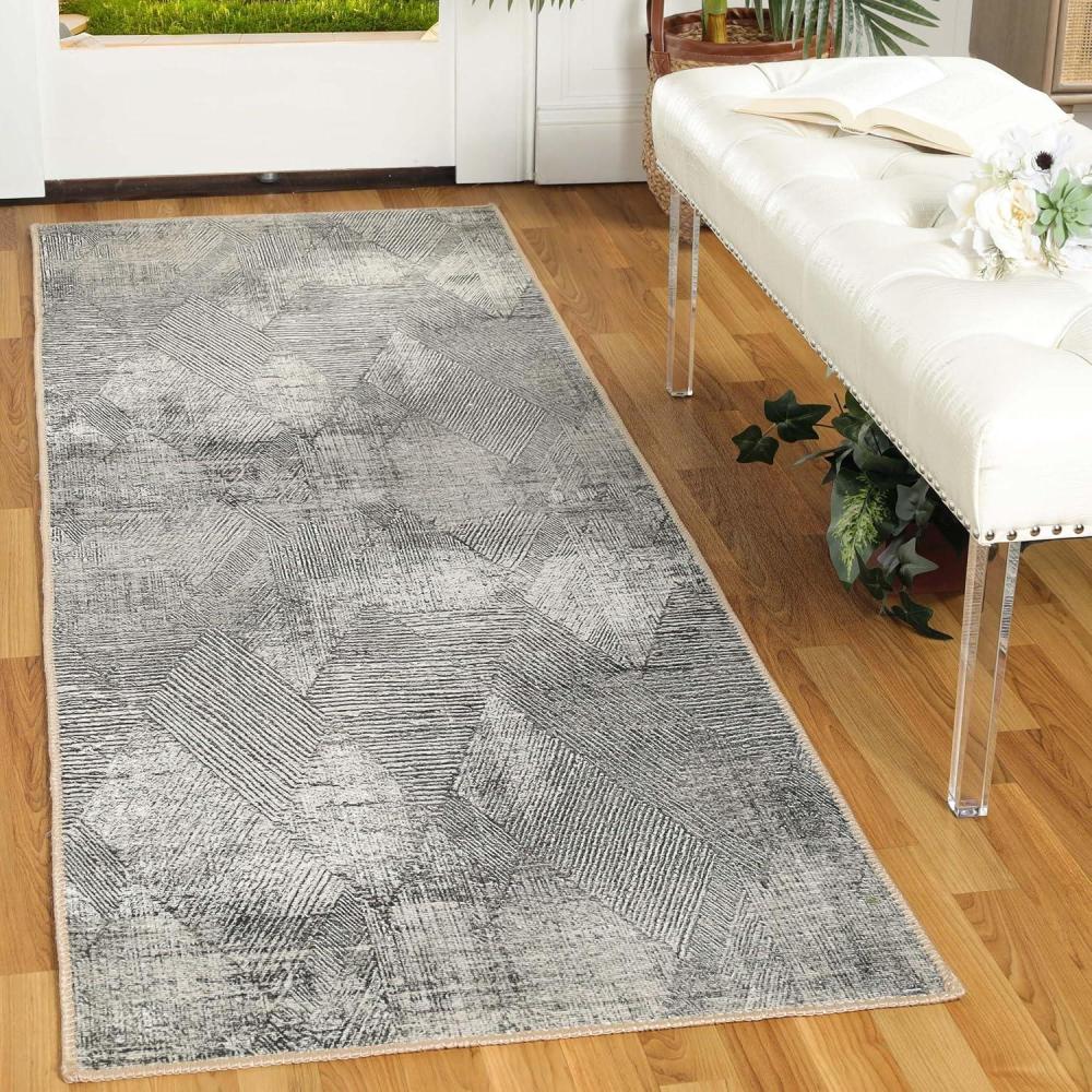 imageSuperior Large Indoor Runner Rug Modern Floor Decor LivingDining Room Kitchen Office Entry Distressed Floral Geometric Medallion Cotton Backing Huda Collection 2 6quot x 7 6quot CharcoalMossy Oak