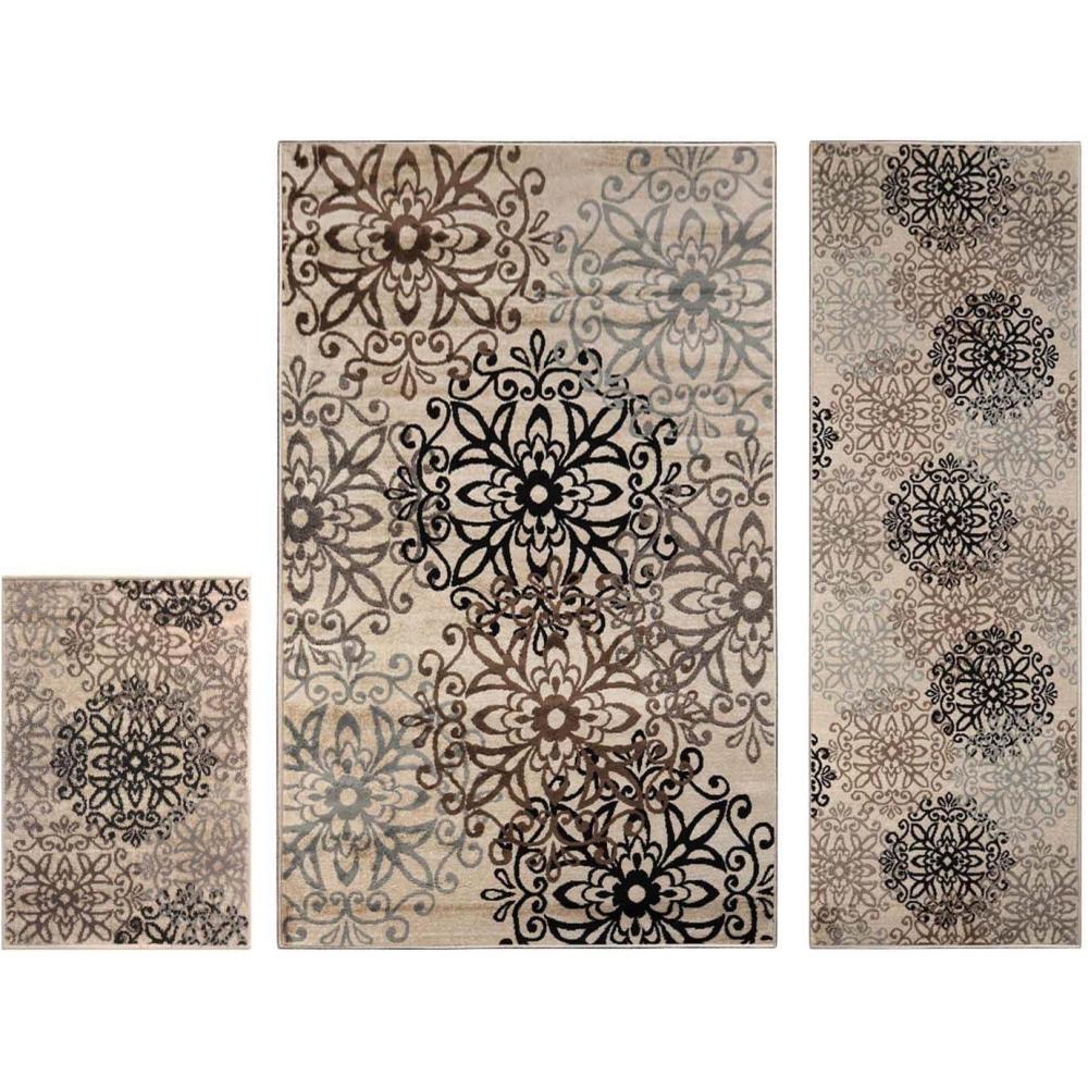 imageSuperior Leigh 3 Piece Indoor Area Rug Set Jute Backing Floral Medallion Decor for Hallway Entry Office Kitchen Bedroom Living Room Floors Plush Rugs 27quotx 8 2 x 3 5x 8 MultiColored