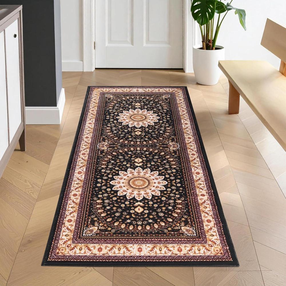imageSuperior Mahi Floral Medallion Border Washable Indoor Area Rug Machine Washable Rugs for Bedroom Living Room Dining Kitchen Floors Flexible Cotton Backing Easy Clean Rugs 10 x 14 GreyA Black Ivory