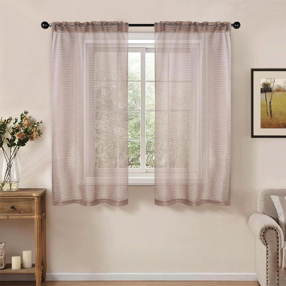imageSuperior Natural Light Filtering Sheer Curtain Panels 8 Grommets Window Treatments Drapes Kitchen Office Bed Living Room Windows Jackson Striped Sheer Curtains Set of 2 52quot x 63quot IvoryTaupe