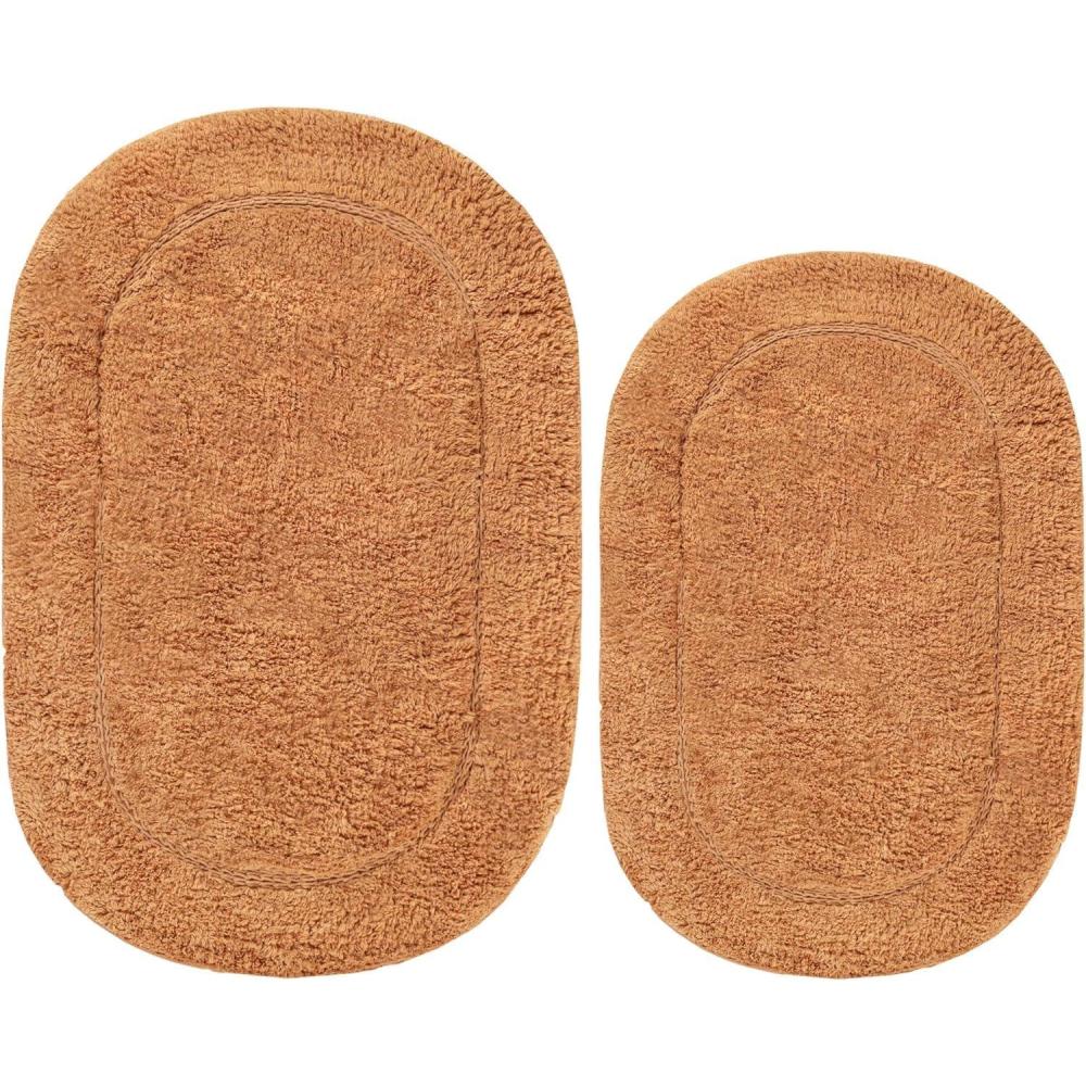imageSuperior NonSlip 2 Piece Bath Rug Set Ultra Plush Soft and Absorbent 100 Combed Cotton Pile  Traditional Oval Bath Mat Set RustRust  Oval