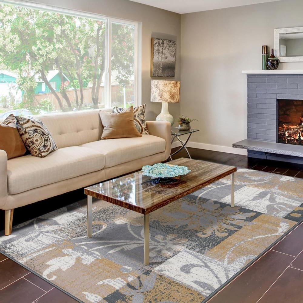 imageSuperior Pastiche Floral Patchwork NonSlip Indoor Washable Area Rug 10 x 14 BrownCamel  Z