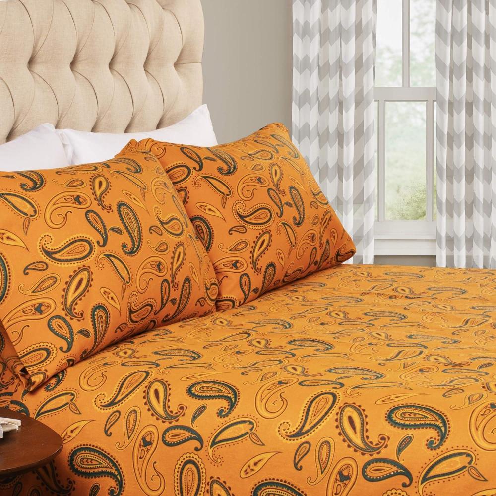 imageSuperior Premium Cotton Flannel Sheets All Season 100 Brushed Cotton Flannel Bedding 4Piece Sheet Set with Deep Fitting Pockets  Grey Paisley Queen BedPumpkin