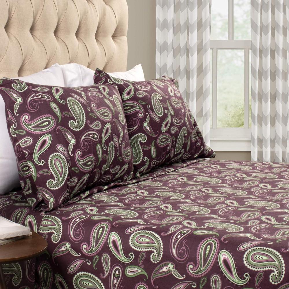 imageSuperior Premium Cotton Flannel Sheets All Season 100 Brushed Cotton Flannel Bedding 4Piece Sheet Set with Deep Fitting Pockets  Grey Paisley Queen BedPurple