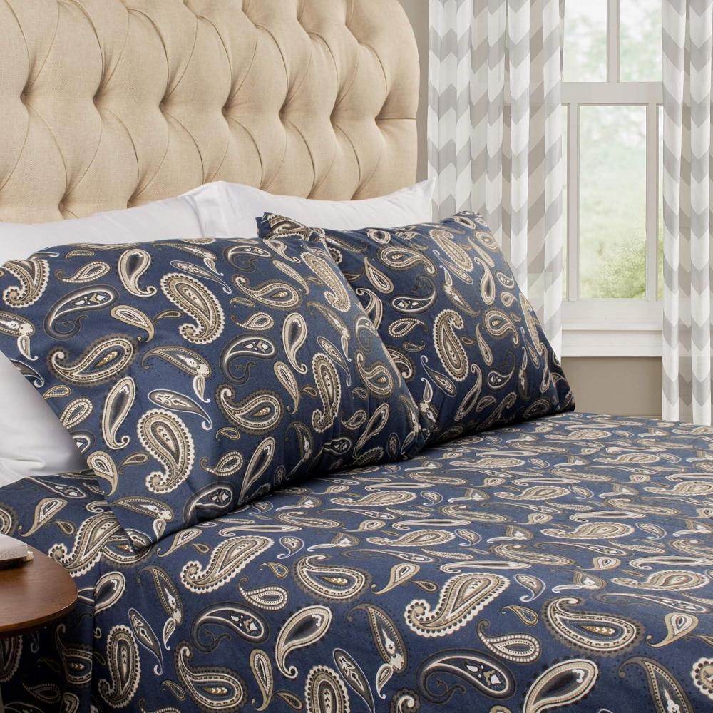 imageSuperior Premium Cotton Flannel Sheets All Season 100 Brushed Cotton Flannel Bedding 4Piece Sheet Set with Deep Fitting Pockets  Grey Paisley Queen BedNavy Blue