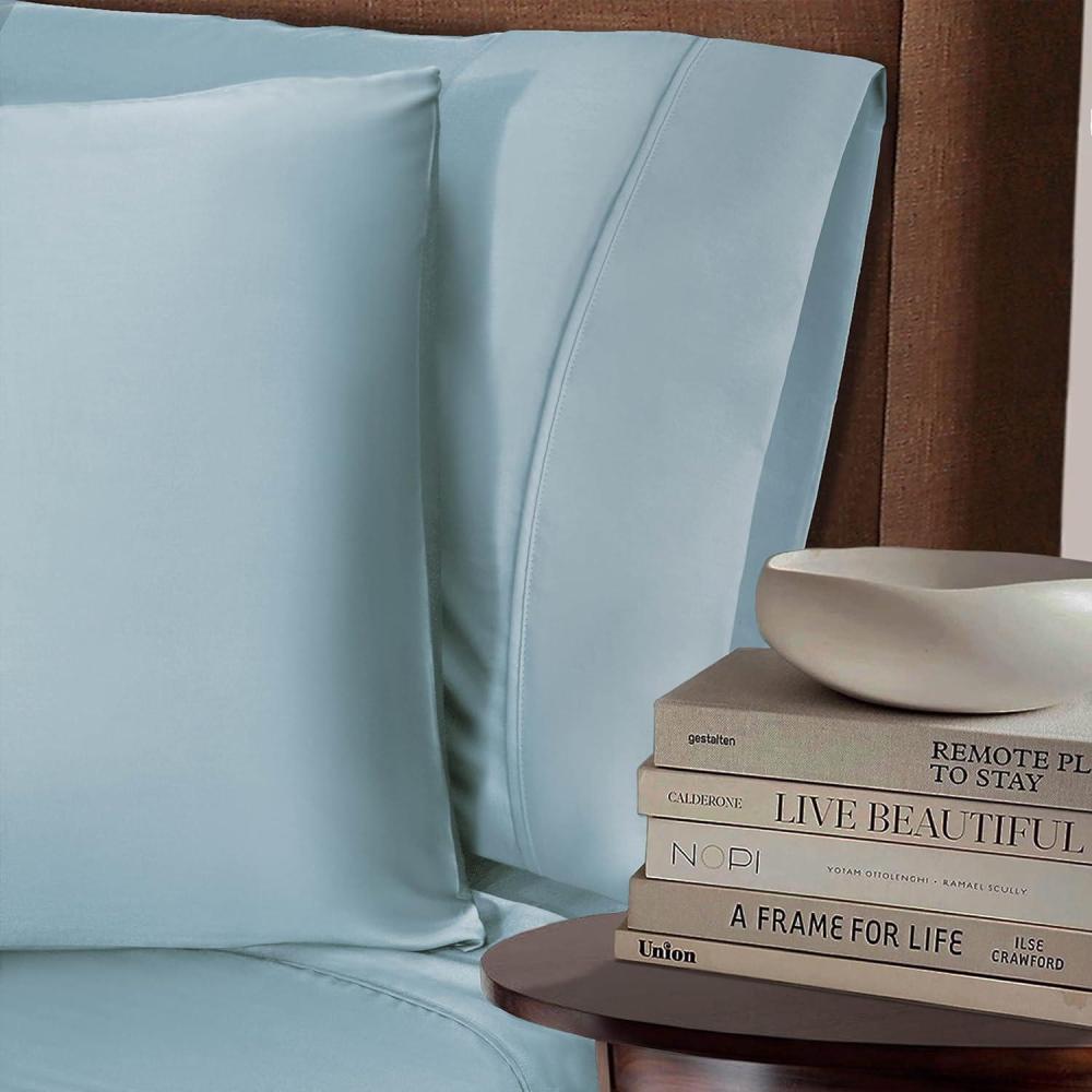 imageSuperior Rayon from Bamboo 300 Thread Pillowcase Set Lightweight Soft Pillowcases Guest Bedroom Pillow Covers Bedding Basics Bed Essentials Luxury Sateen Weave 2 Pack King GreyLight Blue