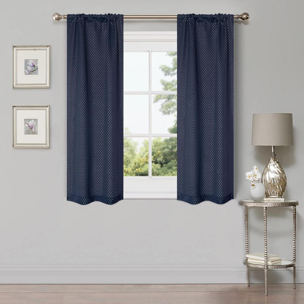 imageSuperior Shimmer Blackout Curtain Set of 2 Thermal Insulated Panel Pair with Grommet Top Header Chic Metallic Embellished Room Darkening Drapes Available in 4 Lengths  Navy 52 x 63 eachNavy Blue