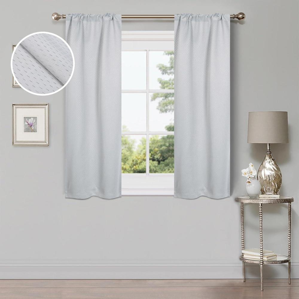imageSuperior Shimmer Blackout Curtain Set of 2 Thermal Insulated Panel Pair with Grommet Top Header Chic Metallic Embellished Room Darkening Drapes Available in 4 Lengths  Navy 52 x 63 eachChrome