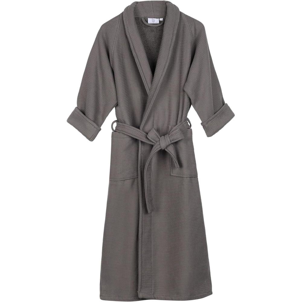 imageSuperior Waffle Weave Cotton Unisex Bathrobe with Belt Soft and Absorbent Robe for Men and Women Bath Essentials RobesCharcoal