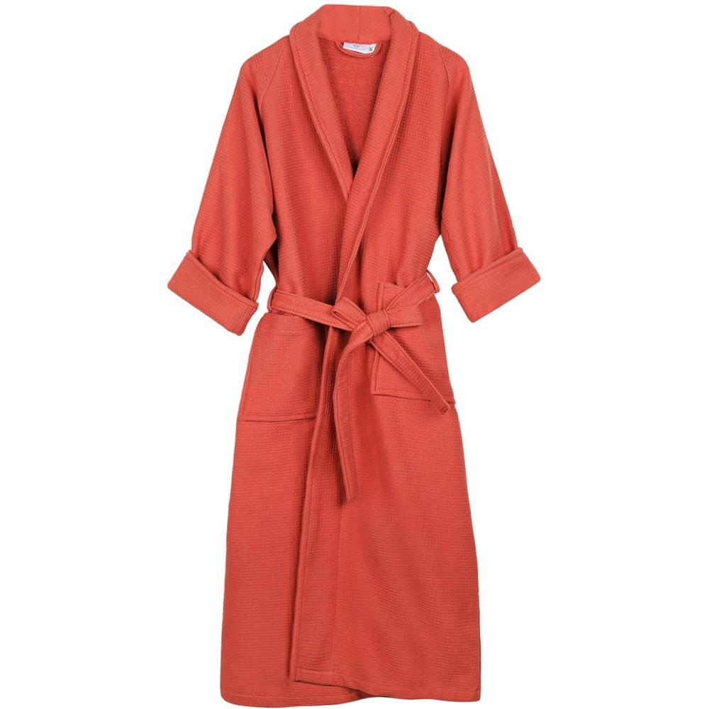 imageSuperior Waffle Weave Cotton Unisex Bathrobe with Belt Soft and Absorbent Robe for Men and Women Bath Essentials RobesCoral