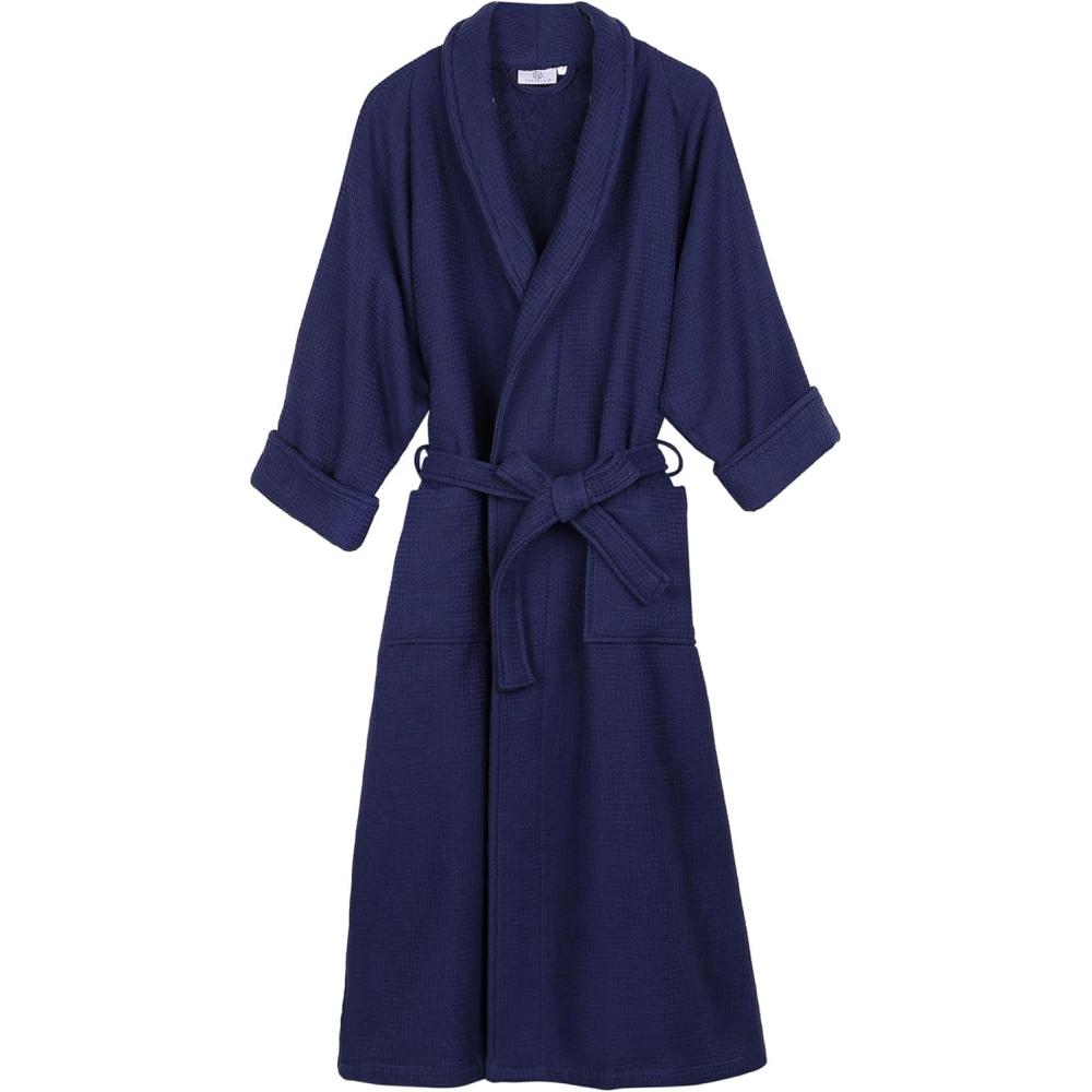 imageSuperior Waffle Weave Cotton Unisex Bathrobe with Belt Soft and Absorbent Robe for Men and Women Bath Essentials RobesNavy Blue