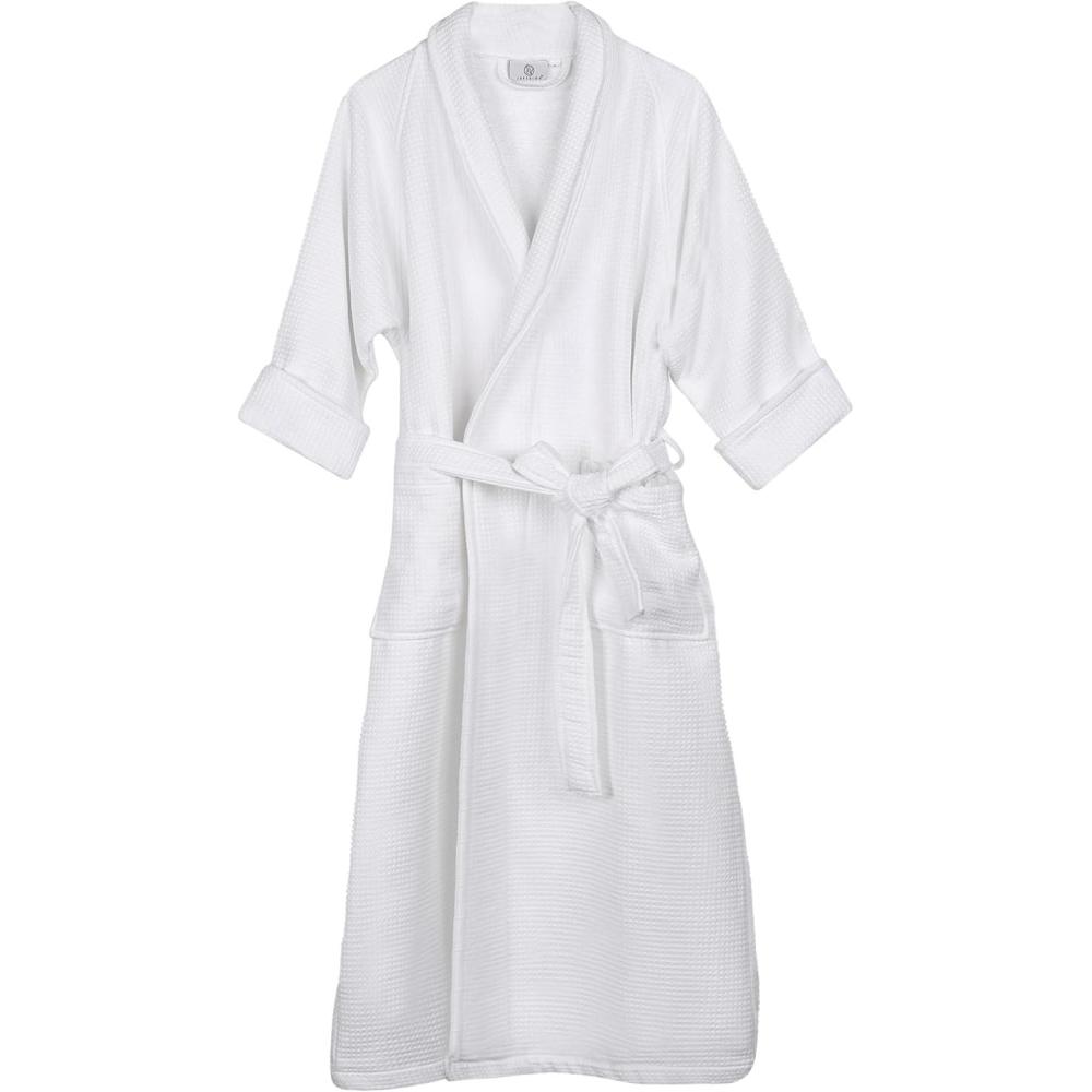 imageSuperior Waffle Weave Cotton Unisex Bathrobe with Belt Soft and Absorbent Robe for Men and Women Bath Essentials RobesWhite