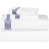 Superior Embroidered Cotton Bed Sheet Set, 1 Elastic Deep Pocket Fitted Sheet, 1 Flat Sheet, 2 Pillowcases, Daily Soft Sheets, Luxury, Elegant Design, Moonlawn Collection, Queen, White-Gold(White-navy Blue)