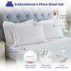 Superior Embroidered Cotton Bed Sheet Set, 1 Elastic Deep Pocket Fitted Sheet, 1 Flat Sheet, 2 Pillowcases, Daily Soft Sheets, Luxury, Elegant Design, Moonlawn Collection, Queen, White-Gold(White-silver)