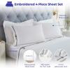 Superior Embroidered Cotton Bed Sheet Set, 1 Elastic Deep Pocket Fitted Sheet, 1 Flat Sheet, 2 Pillowcases, Daily Soft Sheets, Luxury, Elegant Design, Moonlawn Collection, Queen, White-Gold(White-black)