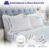Superior Embroidered Cotton Bed Sheet Set, 1 Elastic Deep Pocket Fitted Sheet, 1 Flat Sheet, 2 Pillowcases, Daily Soft Sheets, Luxury, Elegant Design, Moonlawn Collection, Queen, White-Gold(White-navy Blue)