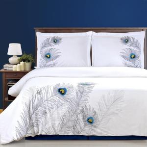 100% Cotton, 3-Piece Full/Queen Single Ply, Soft, Embroidered Peacock Duvet Cover Set(Silver)