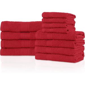 SUPERIOR 100% Ring-Spun Cotton, Bathroom, Ultra Absorbent, Super Soft, Attractive Border, Aqua Marine Eco-Friendly 12-Piece Towel Set(Cranberry)