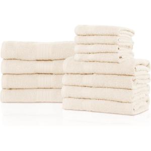 SUPERIOR 100% Ring-Spun Cotton, Bathroom, Ultra Absorbent, Super Soft, Attractive Border, Aqua Marine Eco-Friendly 12-Piece Towel Set(Ivory)