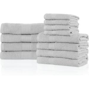 SUPERIOR 100% Ring-Spun Cotton, Bathroom, Ultra Absorbent, Super Soft, Attractive Border, Aqua Marine Eco-Friendly 12-Piece Towel Set(Silver)