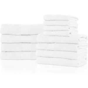 SUPERIOR 100% Ring-Spun Cotton, Bathroom, Ultra Absorbent, Super Soft, Attractive Border, Aqua Marine Eco-Friendly 12-Piece Towel Set(White)
