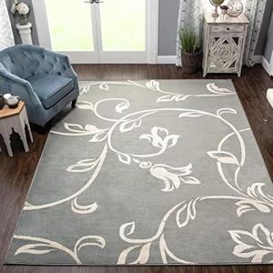 SUPERIOR Indoor 8′ x 10′ Area Rug with Jute Backing, Shabby Chic Floral Decor, Perfect for Living Room, Bedroom, Office, Hallway, Entry, Dorm, Kitchen, Hardwood Floors, Vine Collection, Grey