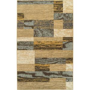SUPERIOR Indoor Area Rug, Foam Backed, Modern Geometric Patchwork Floor Decor for Bedroom, Office, Living Room, Entryway, Hardwood Floors, Rockwood Collection, 10′ x 14′, Chocolate(Light Blue-beige)