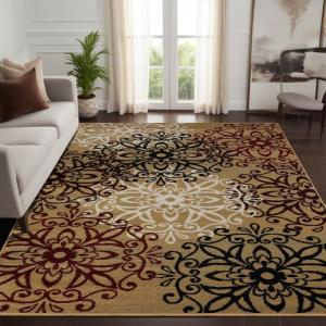 SUPERIOR Indoor Small Area Rug for Bedroom, Living/Dining Room, Entryway, Office, Farmhouse Aesthetic Floor Throw, Modern Floral Geometric Decor, Jute Backing, Leigh Collection, 3′ x 5′, Multi-colored(Brown)
