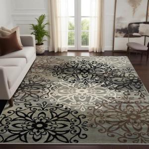 SUPERIOR Indoor Small Area Rug for Bedroom, Living/Dining Room, Entryway, Office, Farmhouse Aesthetic Floor Throw, Modern Floral Geometric Decor, Jute Backing, Leigh Collection, 3′ x 5′, Multi-colored(Blue)