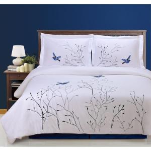 SUPERIOR Spring Embroidered Duvet Cover Set, Long-Staple Cotton, Full/Queen White(Blue Swallow)