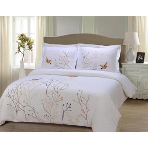 SUPERIOR Spring Embroidered Duvet Cover Set, Long-Staple Cotton, Full/Queen White(Brown Swallow)
