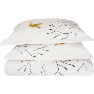 SUPERIOR Spring Embroidered Duvet Cover Set, Long-Staple Cotton, Full/Queen White(Gold Swallow)