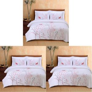 SUPERIOR Spring Embroidered Duvet Cover Set, Long-Staple Cotton, Full/Queen White(Red Swallow)