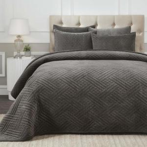 Superior 100% Cotton Velvet Quilt, 1 Lightweight Breathable Coverlet, Luxury Home Decor, Comfy Home Essential Bedding, Cotton Fill, Geometric Aesthetic, Karina Collection, Throw Size, White(Grey)