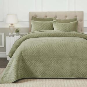 Superior 100% Cotton Velvet Quilt, 1 Lightweight Breathable Coverlet, Luxury Home Decor, Comfy Home Essential Bedding, Cotton Fill, Geometric Aesthetic, Karina Collection, Throw Size, White(Sage)