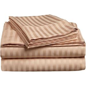 Superior 100% Egyptian Cotton 300 Thread Count Striped Bed Sheet Set, 1 Elastic Deep Pocket Fitted Sheet, 1 Flat Sheet, 2 Pillowcases, Soft Bedding, Sateen Weave, Hunter Green, Queen(Beige)