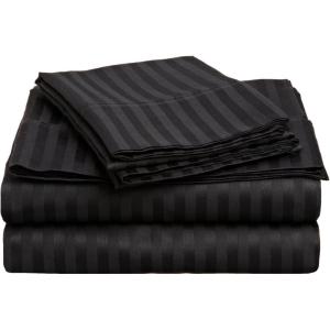 Superior 100% Egyptian Cotton 300 Thread Count Striped Bed Sheet Set, 1 Elastic Deep Pocket Fitted Sheet, 1 Flat Sheet, 2 Pillowcases, Soft Bedding, Sateen Weave, Hunter Green, Queen(Black)