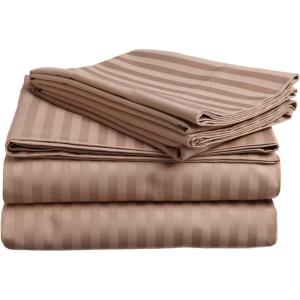 Superior 100% Egyptian Cotton 300 Thread Count Striped Bed Sheet Set, 1 Elastic Deep Pocket Fitted Sheet, 1 Flat Sheet, 2 Pillowcases, Soft Bedding, Sateen Weave, Hunter Green, Queen(Taupe)