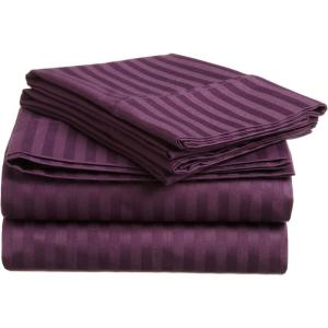 Superior 100% Egyptian Cotton 300 Thread Count Striped Bed Sheet Set, 1 Elastic Deep Pocket Fitted Sheet, 1 Flat Sheet, 2 Pillowcases, Soft Bedding, Sateen Weave, Hunter Green, Queen(Plum)