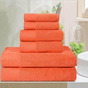 Superior 100% Egyptian Cotton 500 GSM 6 Piece Towel Set, 2 Face, 2 Hand, 2 Towels, Ideal For Bathroom, Kitchen or Beach, Quick Dry, Jacquard and Solid, Mid-Weight, Coral(Emberglow)