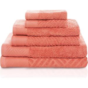 Superior 100% Egyptian Cotton 500 GSM 6 Piece Towel Set, 2 Face, 2 Hand, 2 Towels, Ideal For Bathroom, Kitchen or Beach, Quick Dry, Jacquard and Solid, Mid-Weight, Coral(Coral)