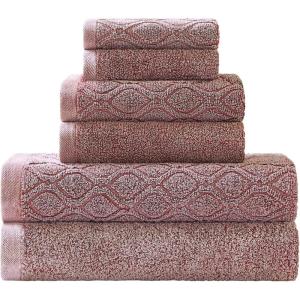 Superior 100% Egyptian Cotton 500 GSM 6 Piece Towel Set, 2 Face, 2 Hand, 2 Towels, Ideal For Bathroom, Kitchen or Beach, Quick Dry, Jacquard and Solid, Mid-Weight, Coral(Fig)