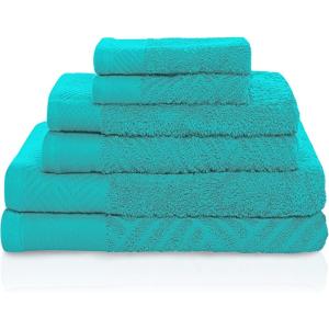 Superior 100% Egyptian Cotton 500 GSM 6 Piece Towel Set, 2 Face, 2 Hand, 2 Towels, Ideal For Bathroom, Kitchen or Beach, Quick Dry, Jacquard and Solid, Mid-Weight, Coral(Turquoise)