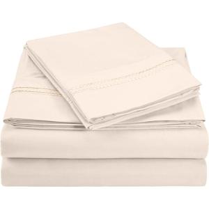 Superior 2-Line Bubble Embroidered Sheets, Luxurious Silky Soft, Light Weight, Wrinkle Free Brushed Microfiber, Twin Size 3 Piece Sheet Set, Tan(Ivory)