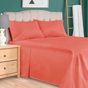 Superior 300 Thread Count 3 Piece Cotton Single Ply Deep Pocket Solid Sheet Set, Twin X-Large, Coral(Coral)