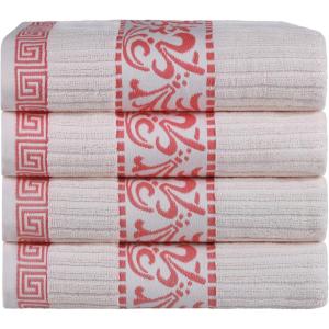 Superior 6-Piece Cotton Towel Set, Decorative Greek Pattern, Home Essentials, Absorbent Towels, Bathroom Decor, Spa, Resort, Includes 2 Hand, 2 Face and 2 Bath Towels, Athens Collection, Grey(Ivory-coral)