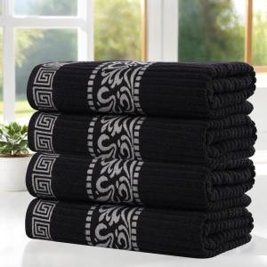 Superior 6-Piece Cotton Towel Set, Decorative Greek Pattern, Home Essentials, Absorbent Towels, Bathroom Decor, Spa, Resort, Includes 2 Hand, 2 Face and 2 Bath Towels, Athens Collection, Grey(Black-chrome)