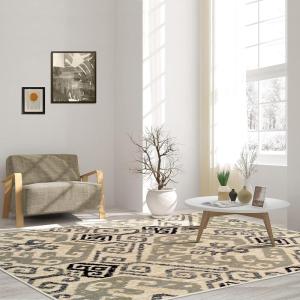 Superior 8mm Pile Height with Jute Backing, Gorgeous Ikat Damask Pattern, Fashionable and Affordable Woven Rugs, 8′ x 10′ Rug, Light Blue(Beige)