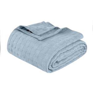Superior Basketweave Cotton Blanket, Basket Weave Design, Soft, Comfy Cover for Bed, Bedding, Bedroom, Couch Throw, Lounging, Modern Boho Medium Weighted Blankets, Throw Size, Gold(Light Blue)